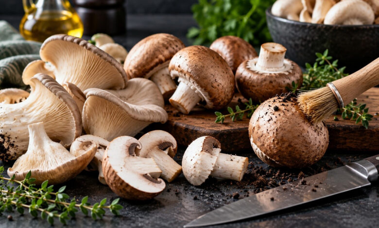 Funghi freschi champignon e pleurotus su un piano da cucina con pennello per la pulizia, coltello ed erbe aromatiche.