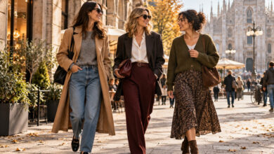 Tre donne con outfit autunnali 2026, cappotto beige, blazer e cardigan