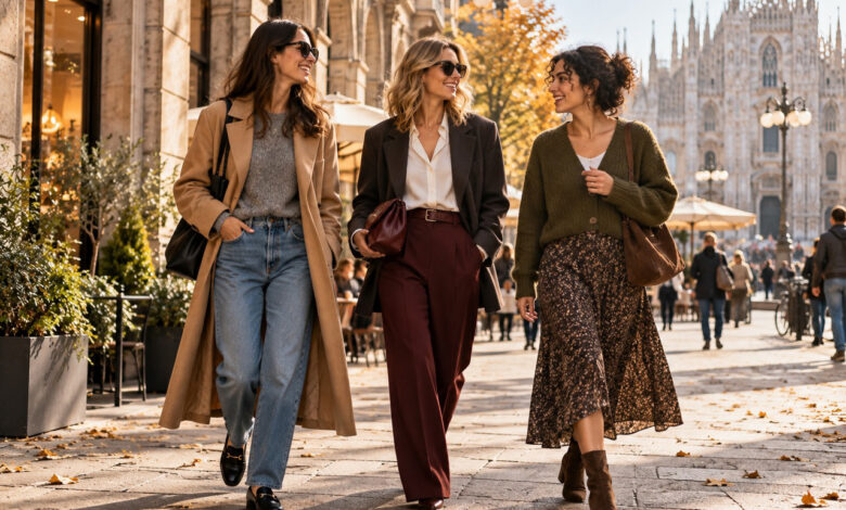 Tre donne con outfit autunnali 2026, cappotto beige, blazer e cardigan
