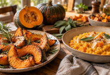 Zucca al forno con rosmarino e risotto cremoso alla zucca, due ricette facili da preparare in autunno.