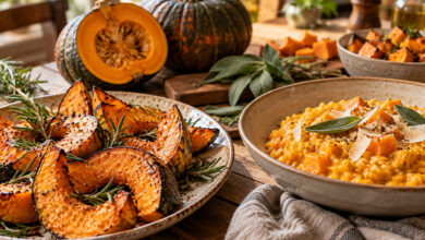 Zucca al forno con rosmarino e risotto cremoso alla zucca, due ricette facili da preparare in autunno.