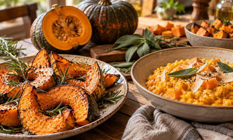 Zucca al forno con rosmarino e risotto cremoso alla zucca, due ricette facili da preparare in autunno.